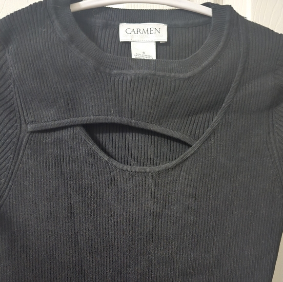 Ribbed Fitted Cutout 3/4 Sleeve Black Knit Sweater Top by Carmen Marc Valvo, EUC - Picture 3 of 8
